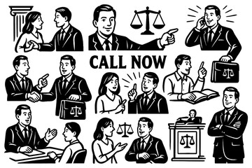 Retro lawyer and legal consultation scenes in vintage comic style, Transparent Background