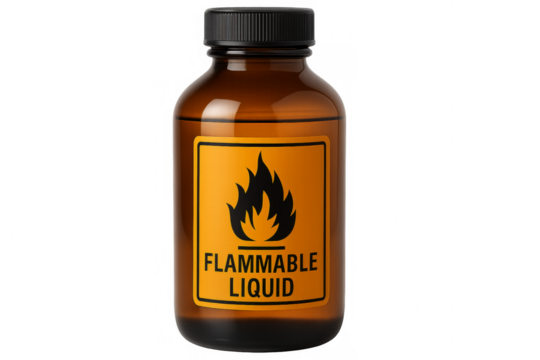 Brown bottle containing flammable liquid on transparent background