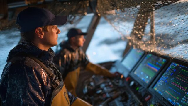 Eco-conscious fishermen utilize advanced nets and digital screens to minimize bycatch and monitor sustainable catch data.