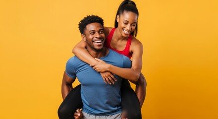 Joyful young African American couple in athletic wear, the man gives his smiling partner a piggyback ride, isolated on a vibrant yellow background.