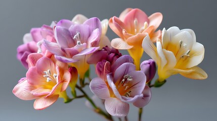 Fototapeta premium Fresh freesia flowers in full bloom, their delicate petals exuding fragrance and beauty in a vibrant color palette.