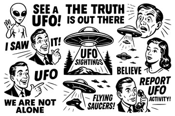 Retro UFO sightings with comic characters and flying saucer slogans, Transparent Background