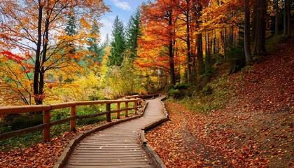 Naklejka premium vibrant autumn foliage colorful leaves winding path scenic nature trail fall background landscape trails forest view park canyon meadow timber