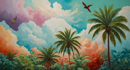 Colorful tropical sky and palm painting