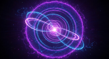 Abstract visualization of a glowing atomic nucleus with orbiting electrons and energy fields in vibrant blue and purple neon light, symbolizing science and technology