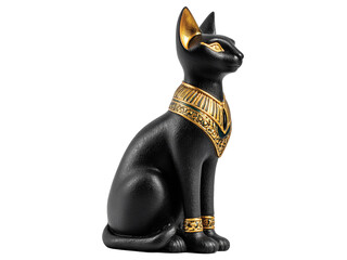 Black cat statue, golden neck ornament isolated on transparent background png