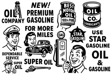 Retro comic-style oil and gasoline industry scenes with vintage slogans, Transparent Background