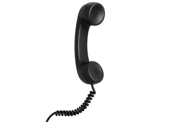 Black phone handset with spiral cord on transparent background