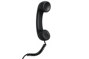 Black phone handset with spiral cord on transparent background