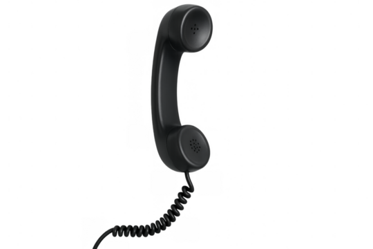 Black phone handset with spiral cord on transparent background