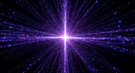 Naklejka premium Abstract explosion of purple light particles radiating from a bright center in a tunnel effect against a black background, representing data or space