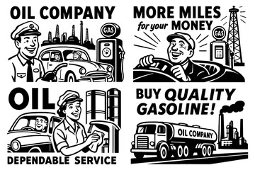 Retro comic-style oil and gasoline industry scenes with vintage slogans, Transparent Background
