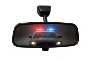 Police car with flashing lights reflecting in rearview mirror on transparent background