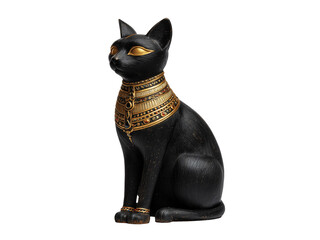 Black cat statue, golden neck ornament isolated on transparent background png