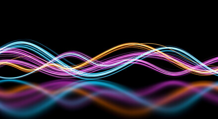 Abstract glowing wavy lines of light in blue, purple, and orange against a black background, creating a sense of movement and energy