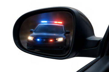 Police car with flashing lights reflecting in side mirror at night with transparent background