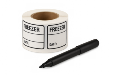Roll of freezer labels with black marker on transparent background