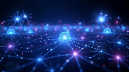 Dynamic glowing network of interconnected nodes pulsing with vibrant blue and pink digital light, representing data flow and connectivity. AI generative video - Powered by Adobe