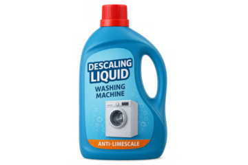 Blue descaling liquid for washing machine on transparent background