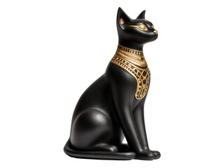 Black cat statue, golden neck ornament isolated on transparent background png