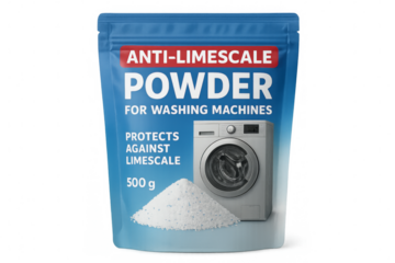 Anti-limescale powder protecting washing machines on transparent background