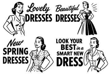 Obraz premium Retro women’s fashion ad with vintage dresses and promotional slogans, Transparent Background