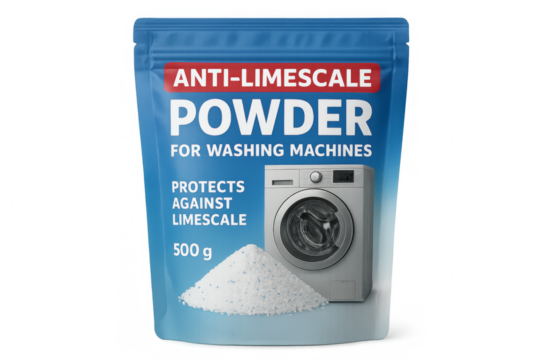 Anti-limescale powder protecting washing machines on transparent background