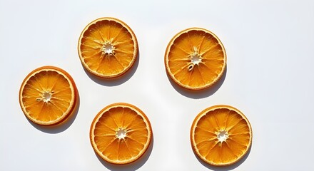 Arrangement of five dried orange slices on a plain white surface backdrop view