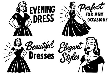 Obraz premium Retro women’s fashion ad with vintage dresses and promotional slogans, Transparent Background
