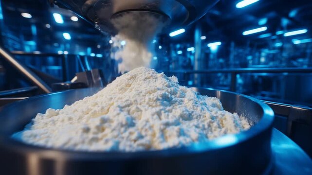 A close-up of a natural ingredient hopper feeding clean label powder supplements into a mixing machine, with stainless steel surfaces illuminated by soft LED lighting.