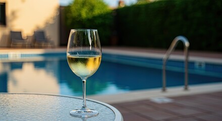Elegant Wine Glass with Golden Liquid Near Blue Swimming Pool