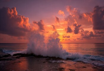 Dramatic sunset over ocean waves crashing on rocks