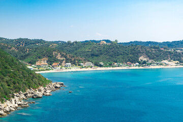 Fototapeta premium Wonderful view from above of azure waters of Ionian Sea and wide beach of Agios Georgios village. Corfu island. Greece.