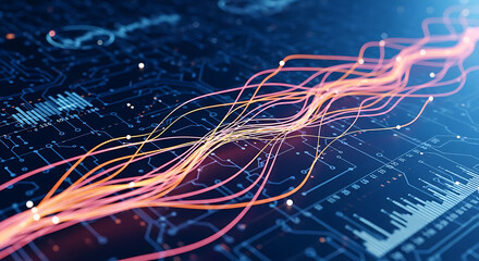 Closeup of a futuristic circuit board with vibrant orange and pink light trails representing data flow and highspeed information transmission