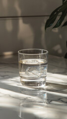 Water glass crystal clear  sat elegant on  table transparent form showcase purity of liquid inside.
