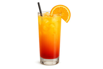 Refreshing tequila sunrise cocktail with orange slice and ice cubes on transparent background