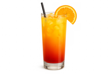 Refreshing tequila sunrise cocktail with orange slice and ice cubes on transparent background