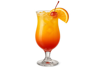 Refreshing tequila sunrise cocktail with orange slice and cherry on transparent background