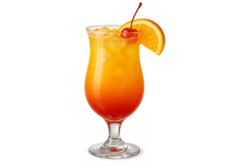 Refreshing tequila sunrise cocktail with orange slice and cherry on transparent background