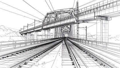 Architectural sketch of a railway bridge with perspective and linear details