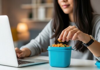 Young woman eating healthy snack while working on laptop at home office