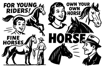 Retro comic-style horse scenes with riders and promotional slogans, Transparent Background