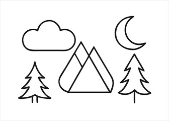 A collection of simple line art representations for outdoor activities and natural environments isolated on white background