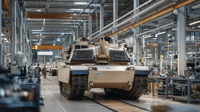 Expert maintenance team servicing tracked vehicles in a spacious hangar.