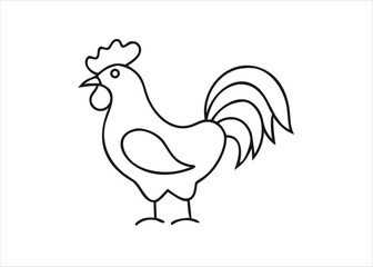 A minimalist single line art drawing of a proud rooster with a distinctive comb and tail feathers isolated on white background