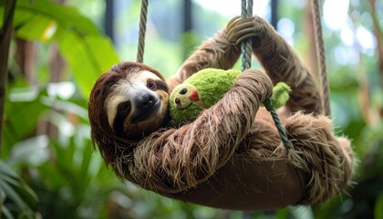 Adorable Sloth Cuddling Green Plush Toy on a Rope Swing