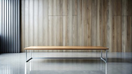 Modern Minimalist Wooden Table on Polished Concrete Floor Against Wood Panel Wall