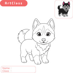 Cute coloring page of a smiling husky puppy. Simple vector illustration for children's activities, printable worksheets, and educational projects. Perfect for kids to color and learn.