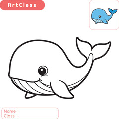 Cute coloring page of a smiling whale. Simple vector illustration for children's activities, printable worksheets, and educational projects. Perfect for kids to learn about sea creatures.