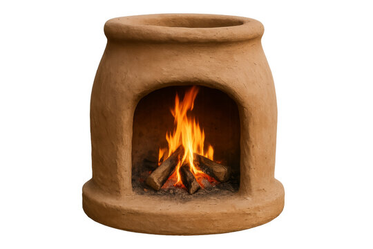 Clay chiminea burning wood on transparent background